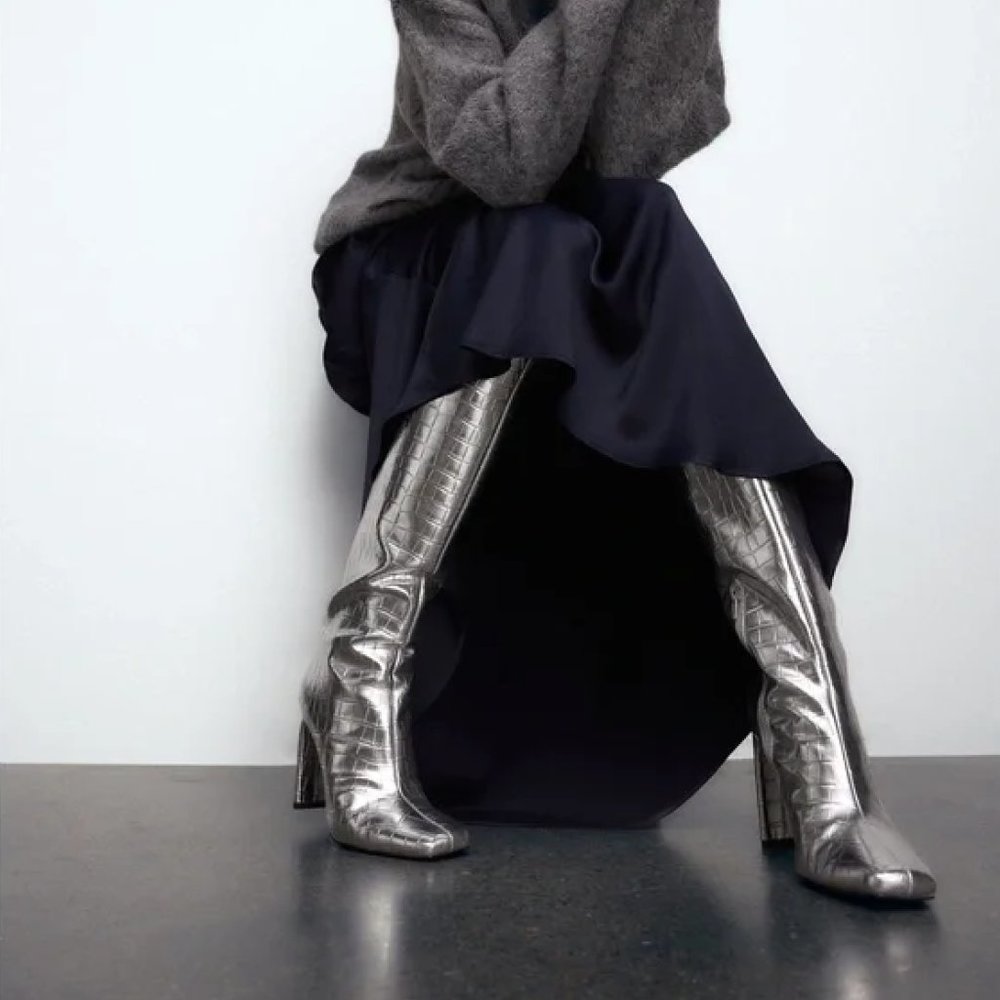 BLOGGER'S FAVE! Zara Embossed Square Toe High Heel Knee High Boots Silver NWT - Picture 16 of 17